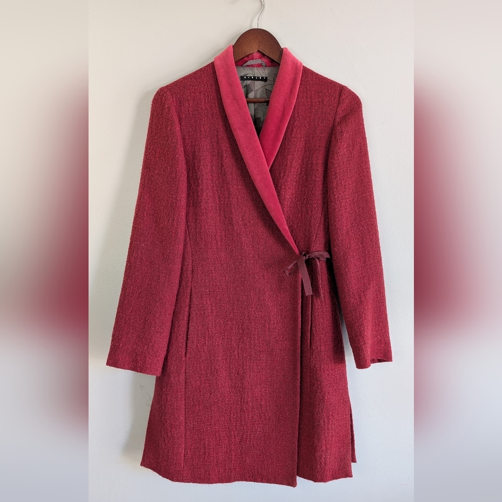 Sisley | Wool Blend Wrap Overcoat, Velvet Shawl Collar, Tie Front, Size 40 (XS)